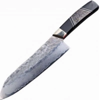 Коллекционный эксклюзивный поварской кухонный нож сантоку Santa Fe, 307 мм, сталь VG-10, рукоять черное дерево/наборный камень купить в Москве